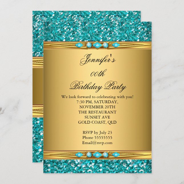Convites Festa de aniversário de diamante com brilho Dourad (Frente/Verso)