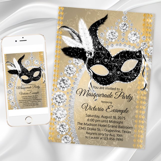 Convites Festa de aniversário de Diamante Dourado preto (Black and gold masquerade party invitation with mask and diamonds. For download and print.)