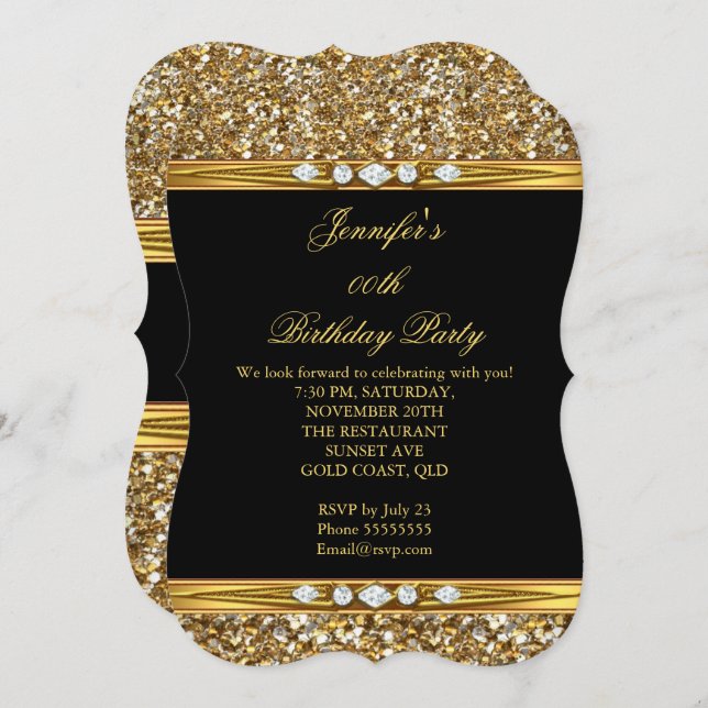 Convites Festa de aniversário de diamante preto Dourado Ele (Frente/Verso)