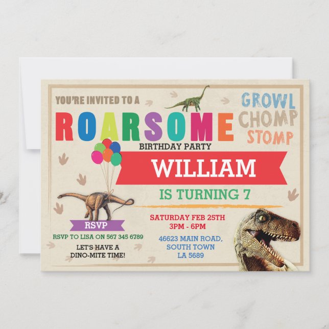Convites Festa de aniversário de Dig do Dinossauro T-Rex Di (Frente)
