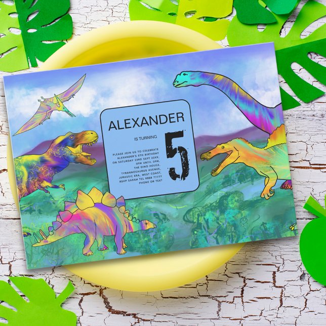 Convites festa de aniversário de dinossauro colorido (Dinosaur 5th birthday party invitation colorful watercolor T-Rex velociraptor stegosaurus pterodacty)