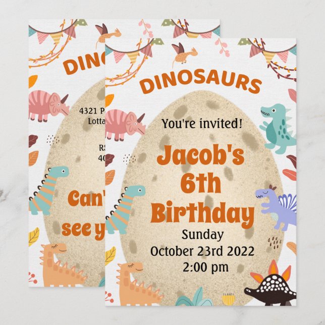 Convites Festa de aniversário de dinossauro com grande pers (Frente/Verso)