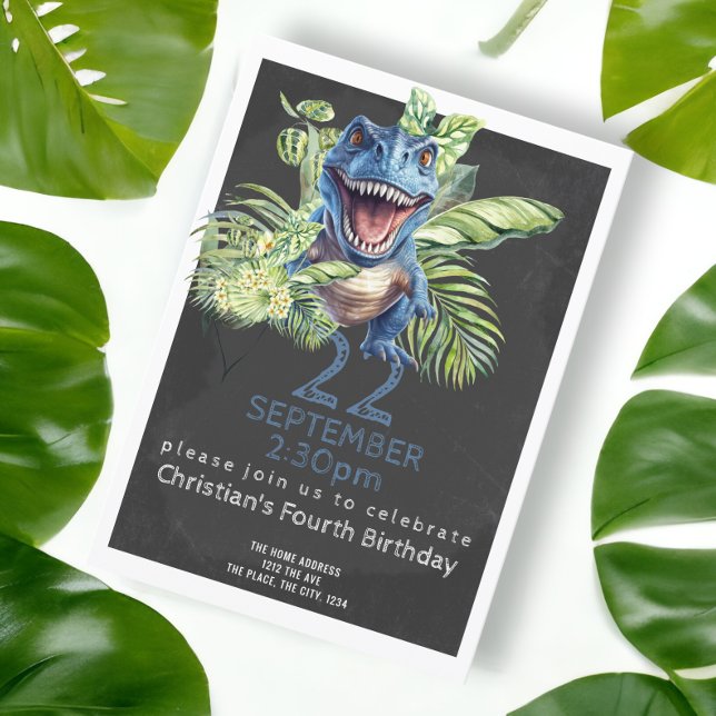 Convites Festa de aniversário de Dinossauro Gato Personaliz (Blue dinosaur birthday party invitation. Birthday invites from Ricaso. Printed or downloadable)