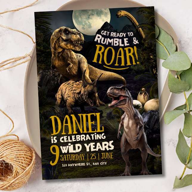 Convites Festa de Aniversário de Dinossauro, T Rex Jurássic (Criador carregado)