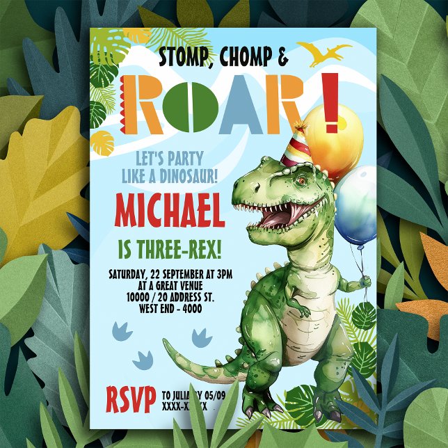 Convites Festa de aniversário de Dinossauro Três Rex (Stomp, Chomp & Roar - get ready to party like dinosaur with our three-rex invitation!)