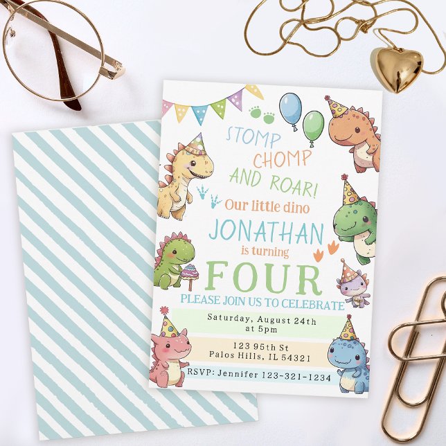 Convites Festa de aniversário de dinossauros fofinhos e col (Criador carregado)