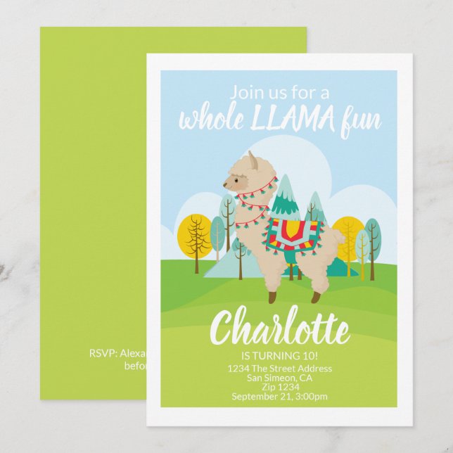 Convites Festa de aniversário de diversão completa do Llama (Frente/Verso)