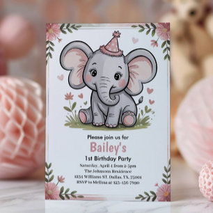Convites Festa de Aniversário de Elefante Rosa Fofo para Cr