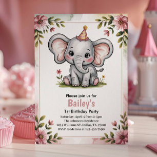 Convites Festa de Aniversário de Elefante Rosa Fofo para Cr