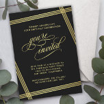 Convites Festa de aniversário de Elegância Moderna<br><div class="desc">Um convite maravilhosamente elegante com talento contemporâneo, este Convite de aniversário apresenta linhas ouros enquadradas que enquadram seu texto sobre um fundo preto. O texto "você é convidado" em lindos programas floresce intencionalmente, apresentado com destaque para fazer seus convidados se sentirem especiais. Edite os detalhes da festa com suas especificações....</div>