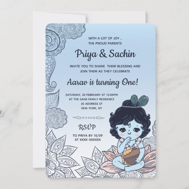 Convites Festa de aniversário de Estilo Hindu Krishna (Frente)