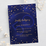 Convites festa de aniversário de estrelas azuis marinhos<br><div class="desc">Um convite de aniversário glamouroso para ele e para ela. Um fundo azul marinho decorado com estrelas douradas falsas. A cor azul é irregular. Personalize e adicione um nome e detalhes da parte. Texto colorido do ouro. Um grande número de anos como marca d'água. Fundo: fundo azul marinho e estrelas...</div>