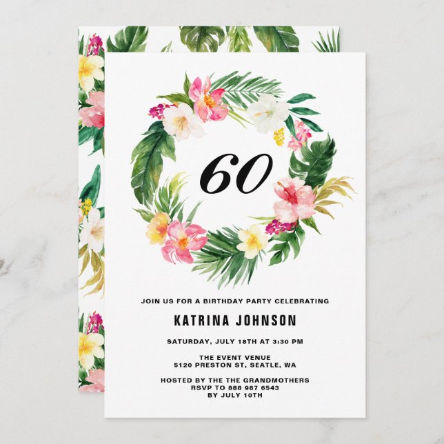 Convites Festa de aniversário de exaustão de flores tropica (Frente/Verso)