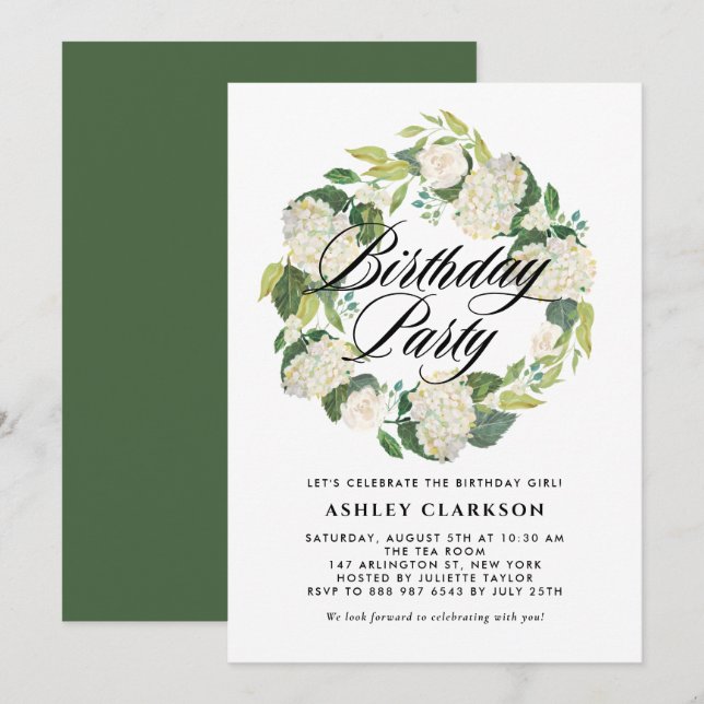 Convites Festa de aniversário de Excursão de Hydrangea Whit (Frente/Verso)