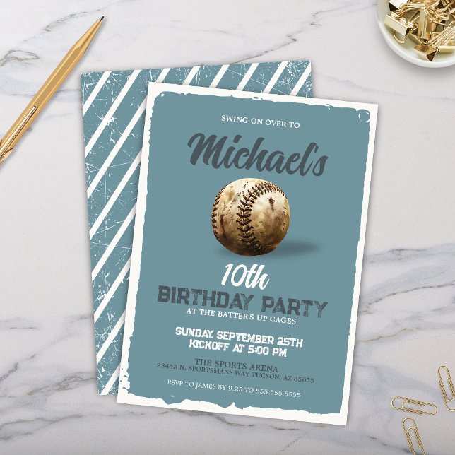 Convites Festa de aniversário de Exibição de Tema Azul de B (Blue Grey Vintage Baseball Theme Birthday Party Invitation or Watch Party Invite for Viewing Party)