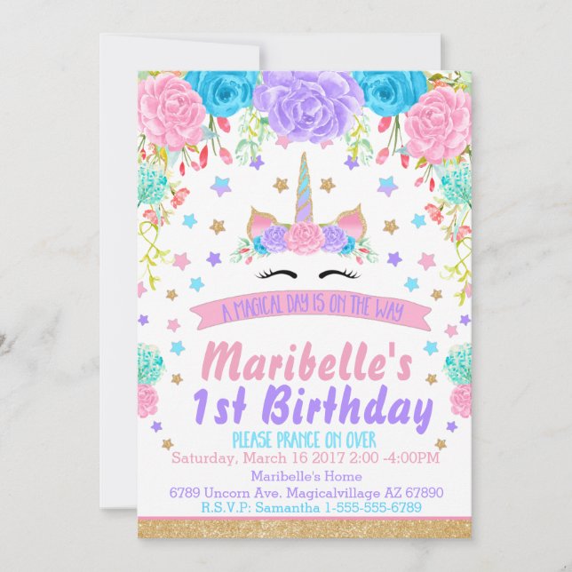 Convites Festa de aniversário de face ploral de Unicórnio (Frente)
