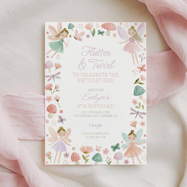 Convites Festa de Aniversário de Fada Flutter e Twirl Menin (Flutter & Twirl to celebrate the birthday girl! Fairy birthday invitation)