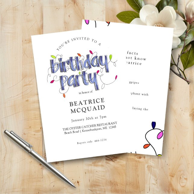 Convites Festa de aniversário de Fatos Azuis e Dusty com Le (Hand Lettered Fun Facts Dusty Blue Birthday Party Invitation)
