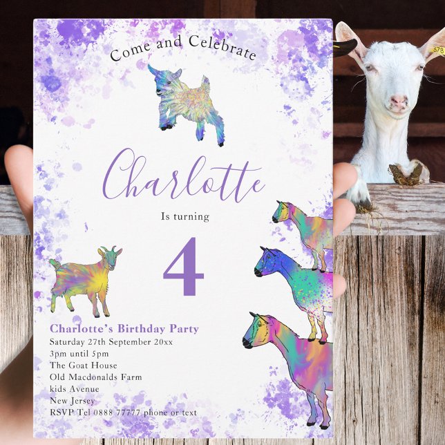 Convites Festa de aniversário de Fazenda de Caprinos Cuxos (Farm goats 4th birthday party invitation colorful watercolor animal art)