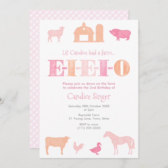 Convites Festa de aniversário De Fazenda EEIO Rosa E Pêsseg (Frente/Verso)