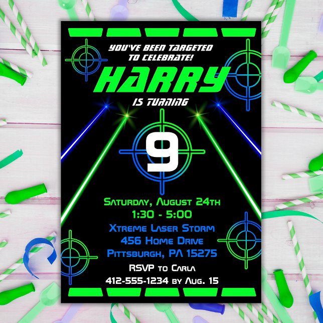 Convites Festa de aniversário de feixes verdes e azuis da e (Criador carregado)