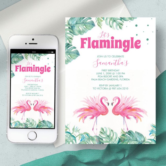 Convites Festa de Aniversário de Flamingo em Aquarela Fofa (First birthday tropical pink flamingo palm leaves watercolor art by Victoria Grigaliunas)