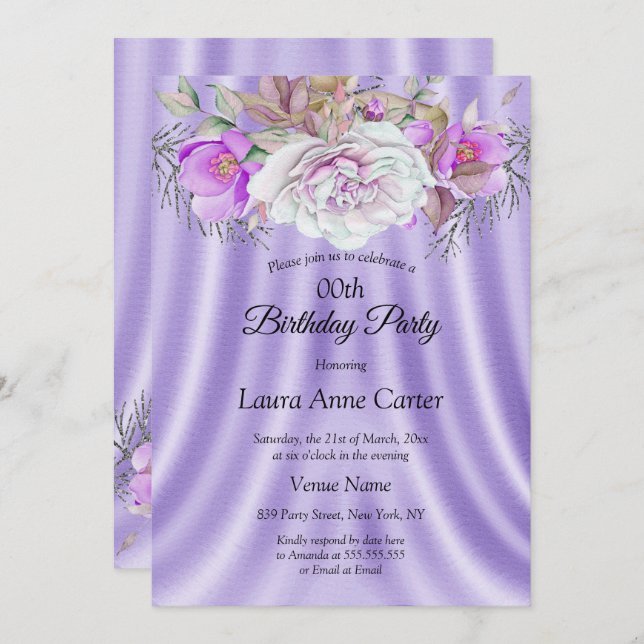 Convites Festa de aniversário de Flores Brancas Roxas (Frente/Verso)