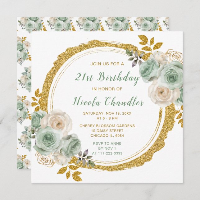 Convites Festa de aniversário de Flores Elegantes Douradas  (Frente/Verso)