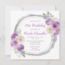 Convites Festa de aniversário de Flores Elegantes Roxas e P