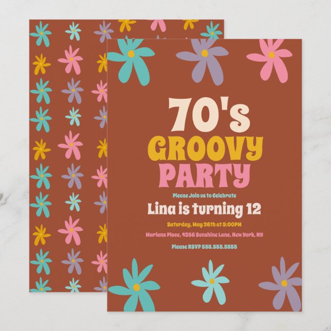 Convites Festa de Aniversário de Flores Groovy Rabiscos de  (Frente/Verso)