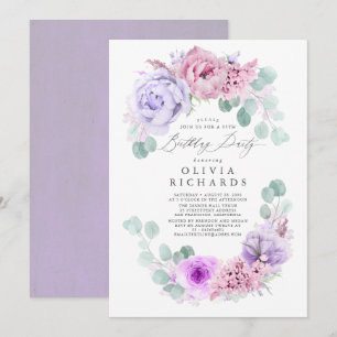Convites Festa de aniversário de Flores Rosa e Roxo Claro