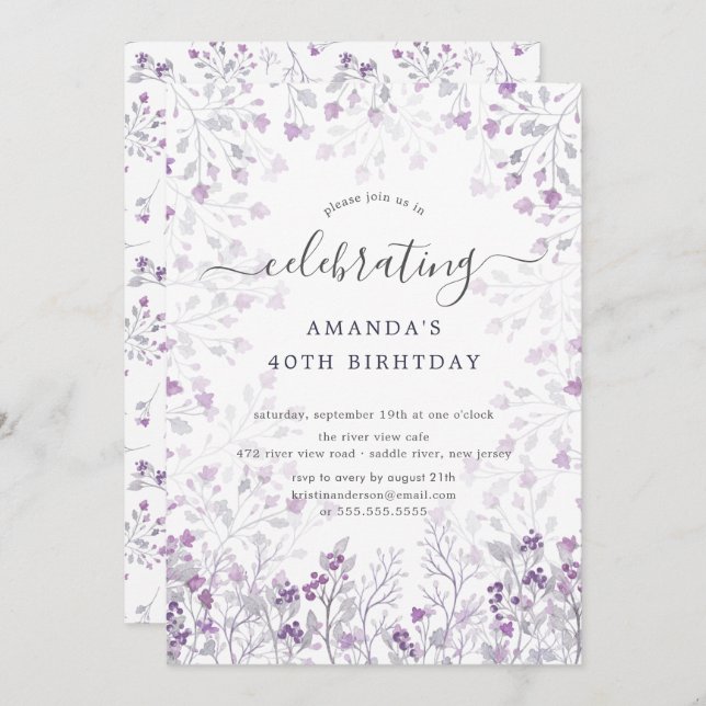 Convites Festa de aniversário de flores silvestres roxas (Frente/Verso)