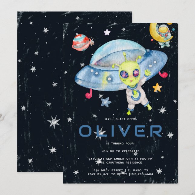 Convites Festa de Aniversário de Foguete Espacial Alien Mod (Frente/Verso)