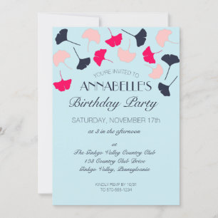 Convites Festa de aniversário de folhas de ginkgo, rosa e 