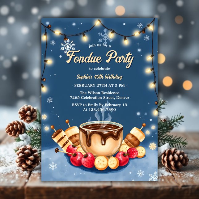 Convites Festa de aniversário de Fondue de Chocolate de Mor (Watercolor Winter Strawberry Chocolate Fondue Birthday Party Invitation)