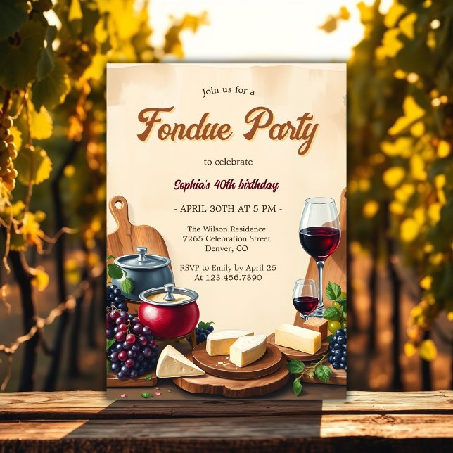 Convites Festa de aniversário de Fondue de Vinho de Queijo  (Elegant Cheese and Wine Fondue Birthday Party Invitation)