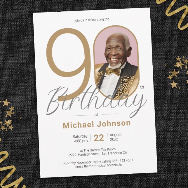 Convites Festa de aniversário de Foto Dourada Elegante (90th Birthday Gold Elegant Modern Custom Photo Invitation)