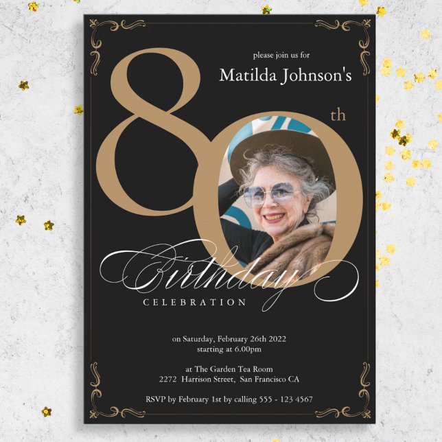 Convites Festa de aniversário de Foto Dourada Elegante (Elegant Black Gold Photo 80th Birthday Party Invitation)