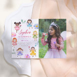 Convites Festa de aniversário de Fotografia de Garden Flora<br><div class="desc">Celebre seu grande dia com esse convite de aniversário de pelúcia. Este design à esquerda mostra o nome da aniversariante e os detalhes de aniversário de dentro a quadro de 6 amigos de fadas em vestidos brilhantes e coloridos cercados por flores e folhas ilustradas à mão. No lado direito da...</div>