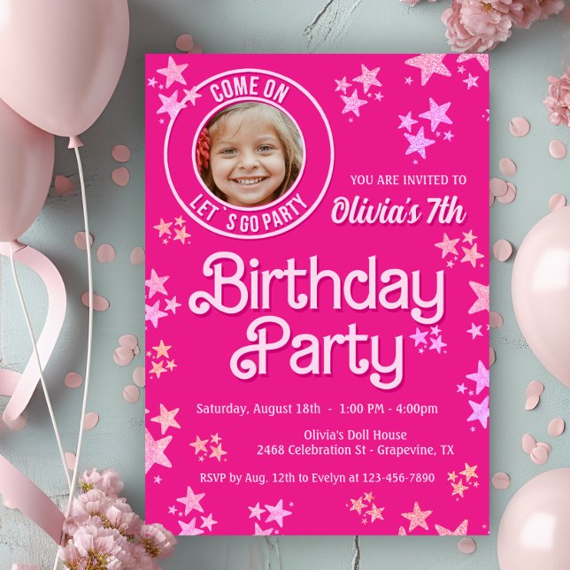 Convites Festa de aniversário de Fotografia Doll Rosa (Cute pink doll photo any number birthday party invitation. Simply add your photo and details.)