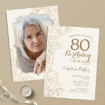 Convites Festa de aniversário de Fotografia Dourada Floral<br><div class="desc">Convite de aniversário de Foto Dourada de Ivory Cream Floral. Design minimalista moderno com desenhos botânicos em destaque e letra de script de tipografia. Simples trendy convida cartão perfeito para uma festa de na moda. Pode ser personalizado para qualquer idade. Impressos convites Zazzle ou modelo de impressão digital instantânea para...</div>
