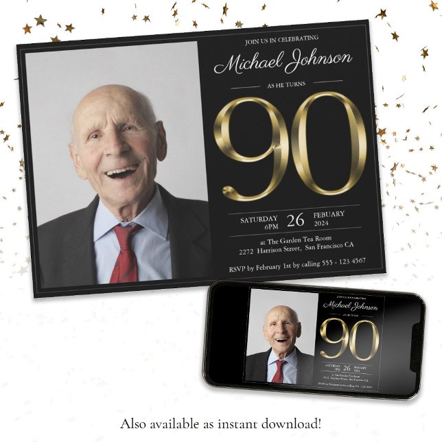 Convites Festa de aniversário de Fotografia Personalizada D (Black Gold 90th Birthday Chic Classy Custom Photo Invitation)