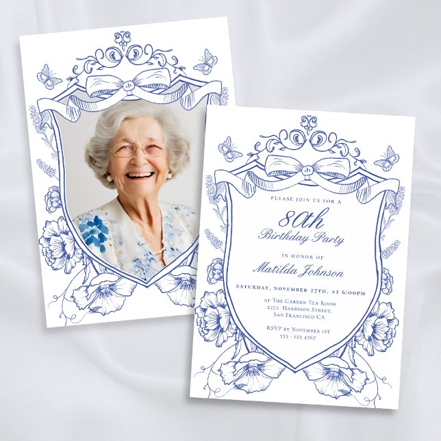 Convites Festa de aniversário de Fotografia Personalizada F (Blue Floral Custom Photo 80th Birthday Party Invitation)