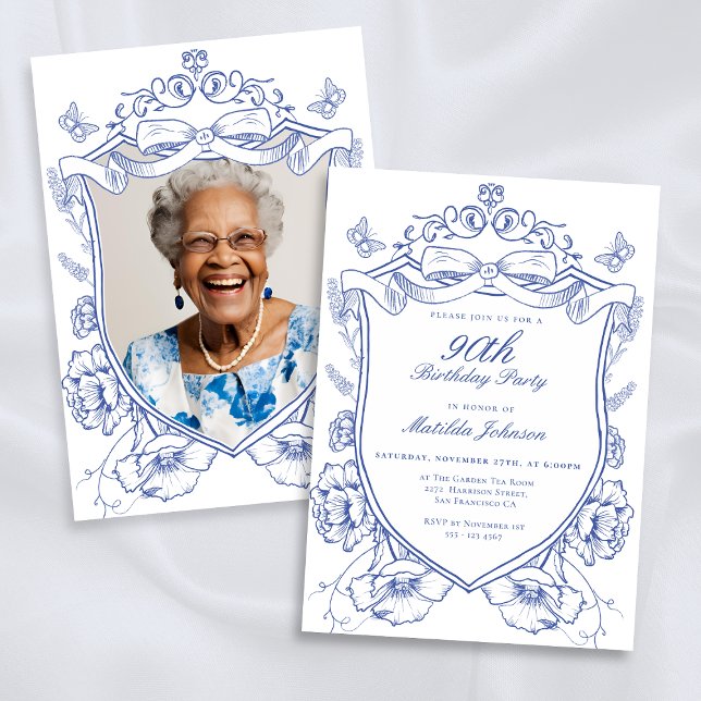 Convites Festa de aniversário de Fotografia Personalizada F (Blue Floral Custom Photo 90th Birthday Party Invitation)