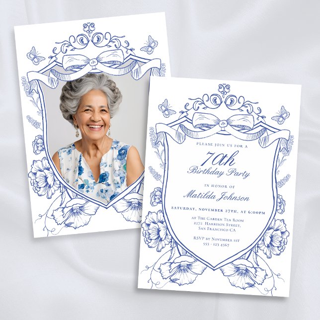 Convites Festa de aniversário de Fotografia Personalizada F (Blue Floral Custom Photo 70th Birthday Party Invitation)