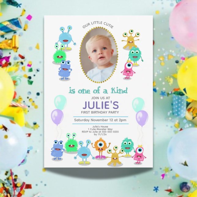 Convites Festa de aniversário de Fotografias de Pequenos Mo (Cute Little Monsters Photo Birthday Party Invitation)