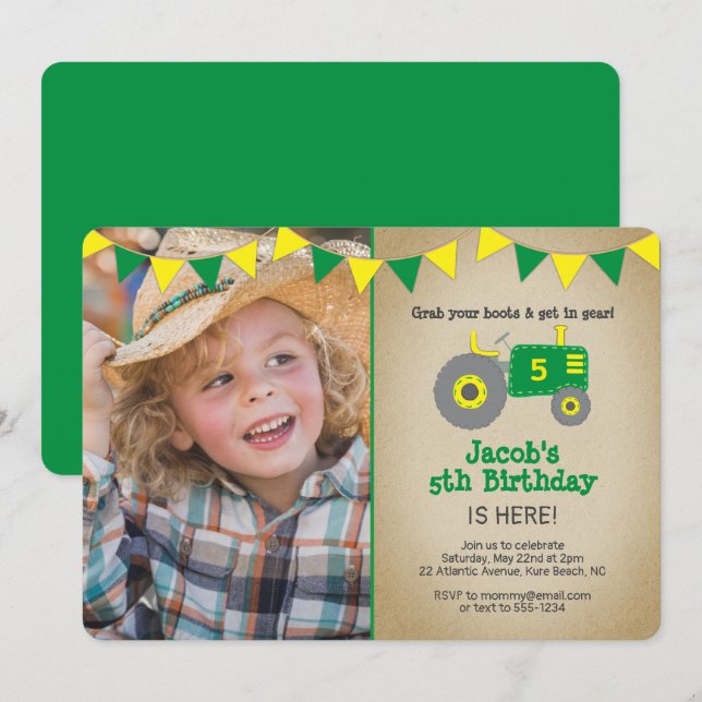 Convites Festa de aniversário de Fotografias do Trator Verd (Frente/Verso)