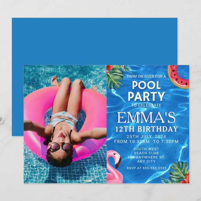 Convites Festa de aniversário de fotos da piscina (Frente/Verso)