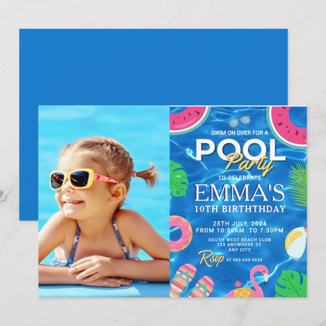 Convites Festa de aniversário de fotos da piscina (Frente/Verso)