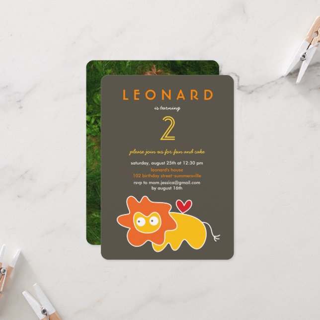 Convites Festa de aniversário de Fotos de Crianças de Leão  (Frente/Verso In Situ)